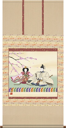 掛け軸-段雛／奥居　佑山（幅広タイプ尺八横・床の間に桃の節句画掛軸華やかな掛軸をどうぞ）[和室 床の間 節句画 桃 雛祭り お雛様 女の子 モダン オシャレ 壁掛け 安い 贈物 ギフト 飾る]