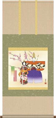掛け軸-立雛／野川　秀華（尺五横・床の間に桃の節句画掛軸華やかな掛軸をどうぞ）[和室 床の間 節句画 桃 雛祭り お雛様 女の子 モダン オシャレ 壁掛け 安い 贈物 ギフト 飾る]