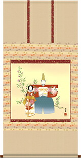 掛け軸 立雛 野川秀華 尺八横 桐箱 桃の節句画掛軸でお雛様祭りをより華やかに♪[和室 床の間 節句画 桃 雛祭り お雛様 女の子 モダン オシャレ 壁掛け 安い 贈物 ギフト 飾る]