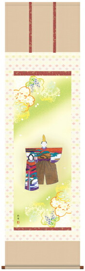 掛け軸-立雛／長江　桂舟（尺五・床の間に桃の節句画掛軸優美な掛軸をどうぞ）[和室 床の間 節句画 桃 雛祭り お雛様 女の子 モダン オシャレ 壁掛け 安い 贈物 ギフト 飾る]｜掛け軸の【ほなこて】店