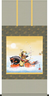 掛け軸-波上武者／吉田　芳月（幅広タイプ尺八横・床の間に端午の節句画掛軸勇壮な掛軸をどうぞ）[和室 床の間 初節句 端午 五月 こどもの日 男の子 モダン オシャレ 壁掛け 安い 贈物 ギフト 飾り] 21,600円