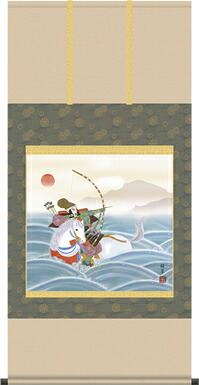 掛け軸-波上武者／香山　緑翠（尺八横・床の間に端午の節句画掛軸元気な男児の掛軸を）[和室 床の間 初節句 端午 五月 こどもの日 男の子 モダン オシャレ 壁掛け 安い 贈物 ギフト 飾り]