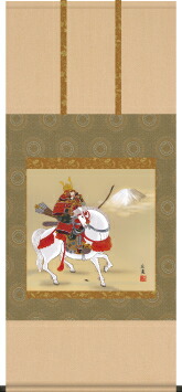 掛け軸-馬上武者／田中　広遠（尺五横・床の間に端午の節句画掛軸勇壮な掛軸をどうぞ）[和室 床の間 初節句 端午 五月 こどもの日 男の子 モダン オシャレ 壁掛け 安い 贈物 ギフト 飾り]