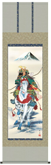 掛け軸-白馬武者／高畠　周峰（尺五・床の間に男子の成長を願う掛軸端午の節句画掛軸をどうぞ）[和室 床の間 初節句 端午 五月 こどもの日 男の子 モダン オシャレ 壁掛け 安い 贈物 ギフト 飾り]