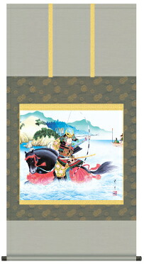 掛け軸-波上武者／吉田　芳月（幅広タイプ尺八横・床の間に男子の成長を願う掛軸端午の節句画掛軸をどうぞ）[和室 床の間 初節句 端午 五月 こどもの日 男の子 モダン オシャレ 壁掛け 安い 贈物 ギフト 飾り]