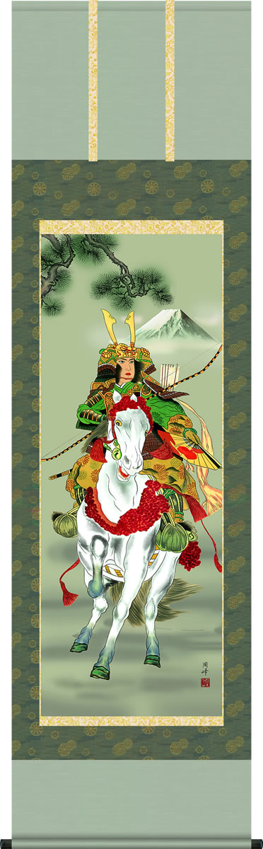 掛け軸-白馬武者/高畠周峰(尺五・桐箱・正絹)床の間に男児の成長祈願で飾る端午の節句画掛軸、初節句のお祝い掛軸としてもどうぞ、送料無料、伝統の床の間飾り、男の子誕生祝、出産祝い|掛け軸の【ほなこて】店