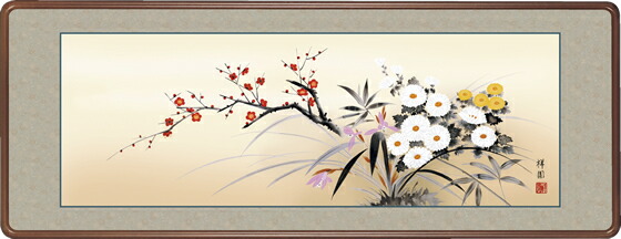 隅丸和額-四季花／山本　祥園（欄間やなげしに花鳥画隅丸和額をどうぞ）