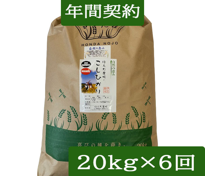 【年間契約】【送料無料】「自然農法米 こしひかり 自然の恵み」20kg・6回発送<br>令和7年産 減農薬・特別栽培米［一括払い］（定期購入）