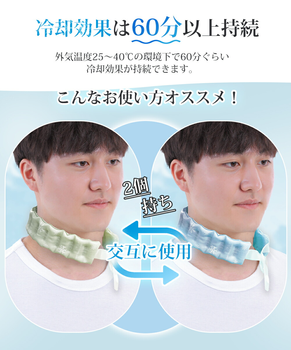 冷却効果は60分以上持続。
外気温度25~40℃の環境下で60分ぐらい冷却効果が持続できます。