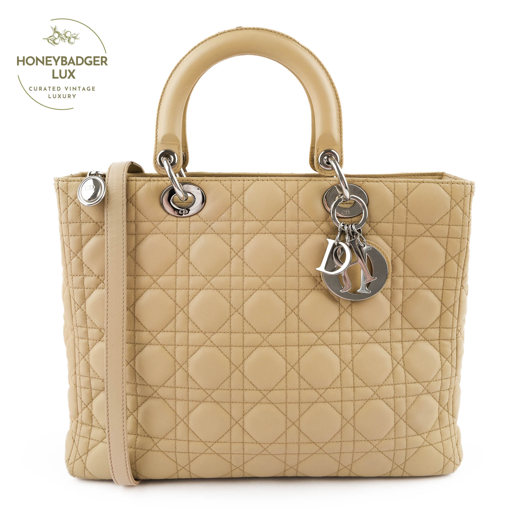 【中古】Christian Dior クリスチャンディオール レディディオール カナージュ ラージ レザー 2WAY シルバー金具 ハンドバッグ ベージュ