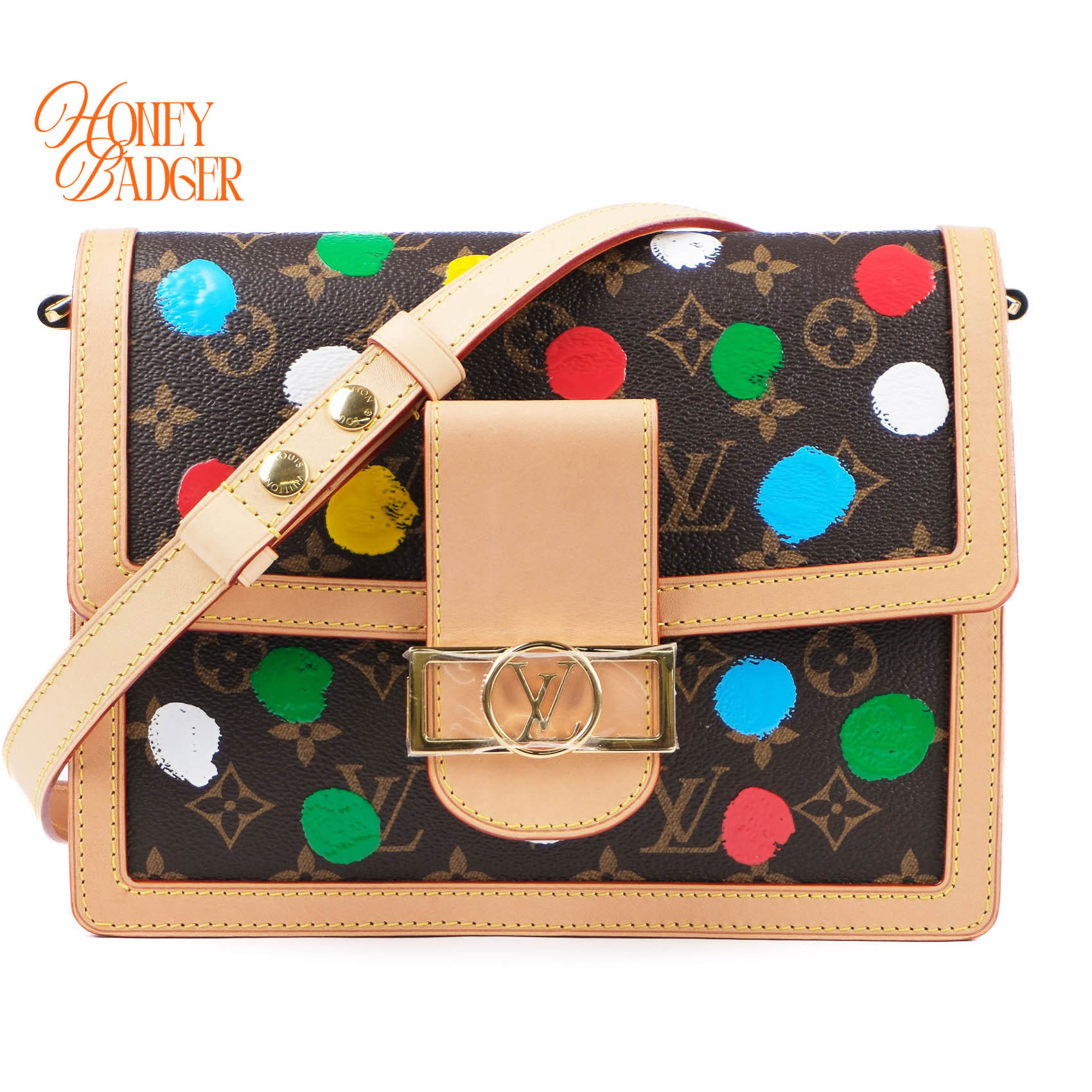 【中古】LOUIS VUITTON ルイ・ヴィトン&times;草間彌生 モノグラム サックドーフィーヌ ブラウン ヤヨイ クサマ LV&times;YK ネヴァーフル MM M46432 ショルダーバッグ マルチカラー 2WAY RFID反応あり【箱】｜ハニーバジャー ラックス