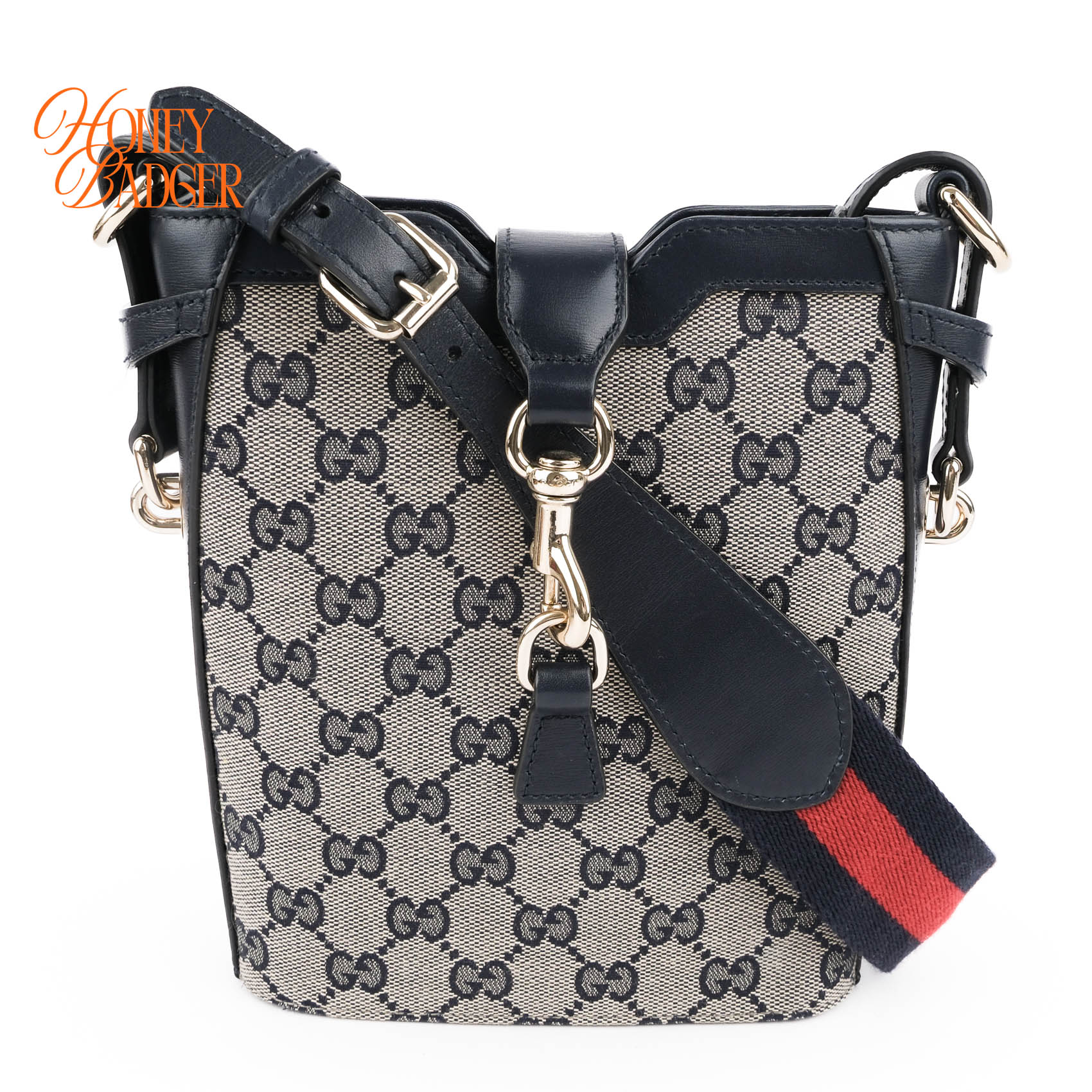 【中古】グッチ GUCCI GGキャンバス バケット ショルダーバッグ ネイビー×ベージュ スモール|ハニーバジャー ラックス