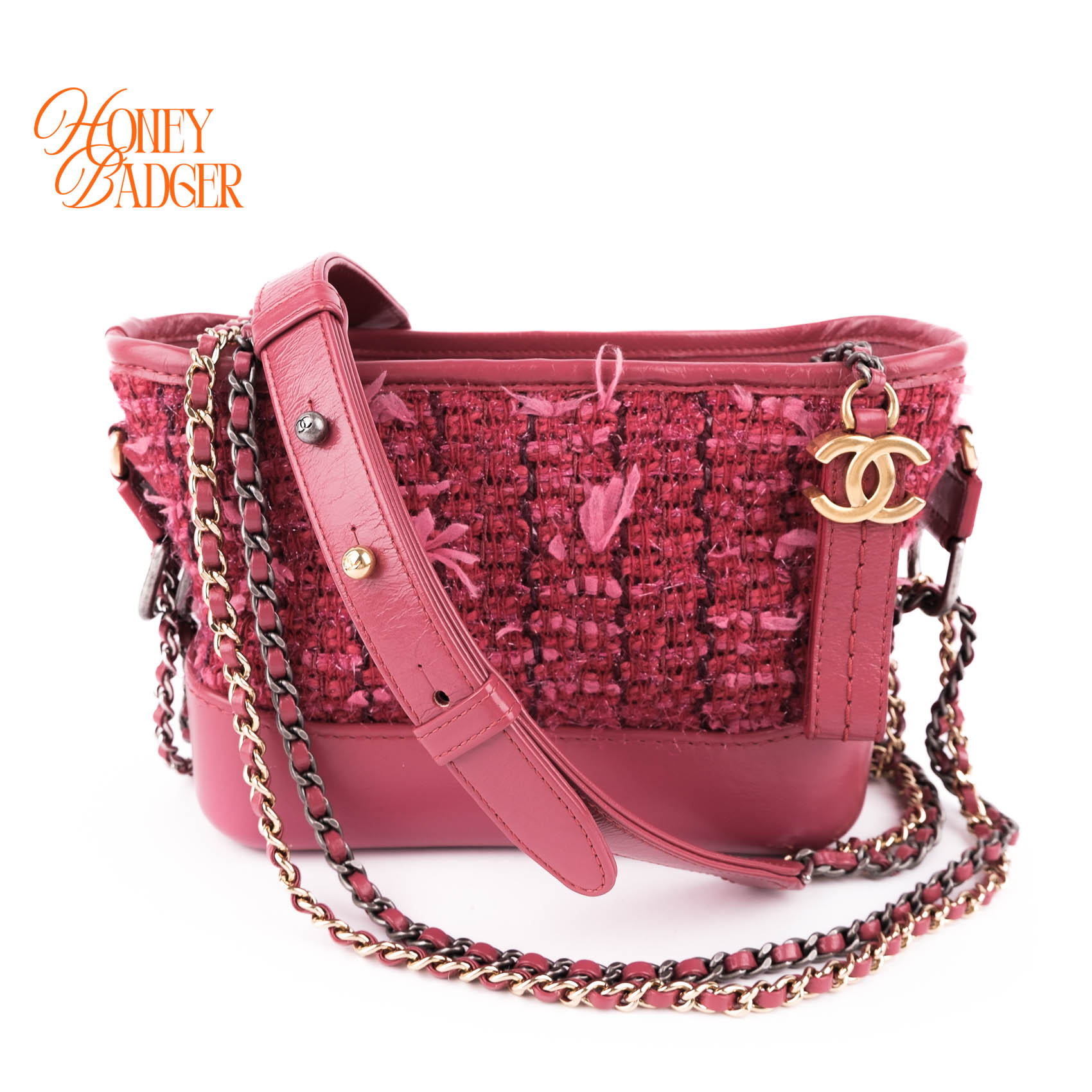 【中古】【美品】 シャネル CHANEL ガブリエル ドゥ シャネル スモール ホーボーバッグ チェーン店肩先 ツィード カーフレザー サクラ色 入り合わせる金具 ココマーク A91810