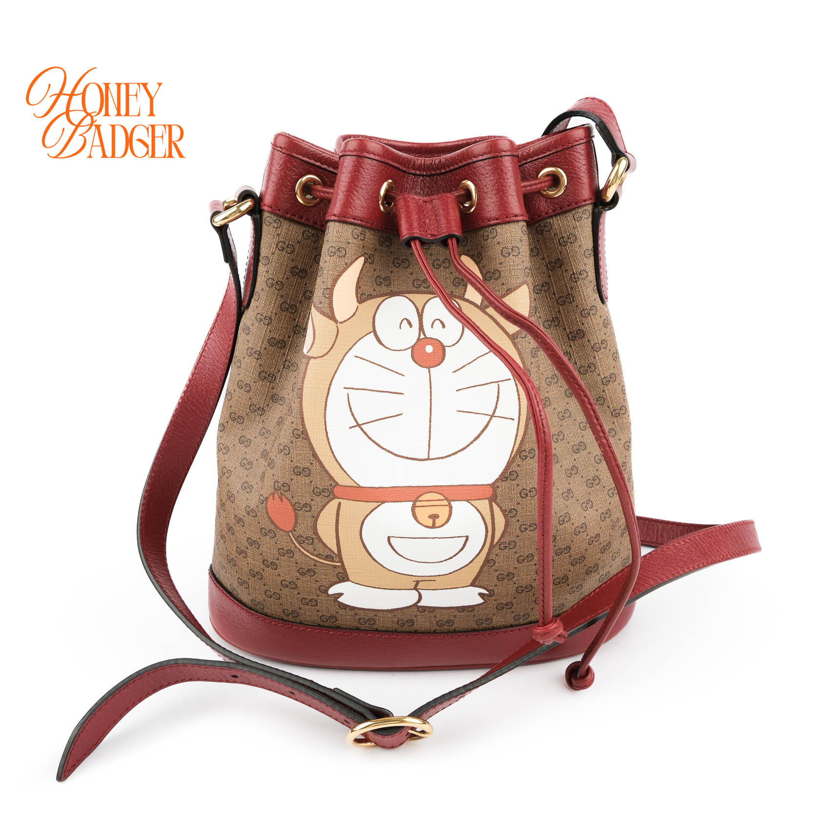 【美品】グッチ GUCCI ドラえもん 共同研究 ミニ 井戸釣瓶御徒面子 ミニGGスプリーム ショルダーバッグ 合切袋 はりつけ台上半身 赤いこと 赤銅色 レディース 647801