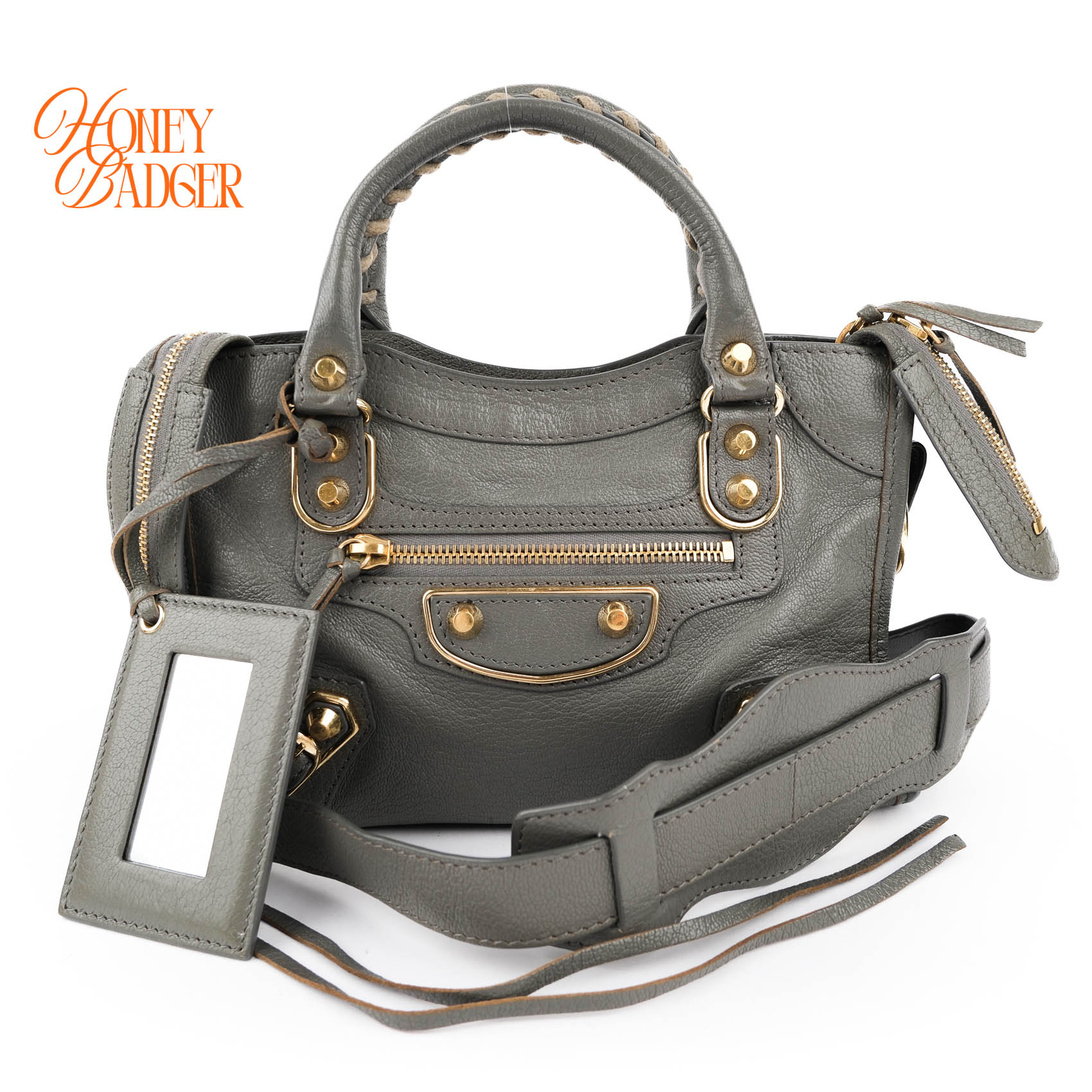 【中古】【美品】バレンシアガ BALENCIAGA 古典派音楽 メタリック 境界線 ミニ シティ ハンドバック ショルダーバッグ 薄墨色 金具ゴールド なめし革 2WAY レディース 390160