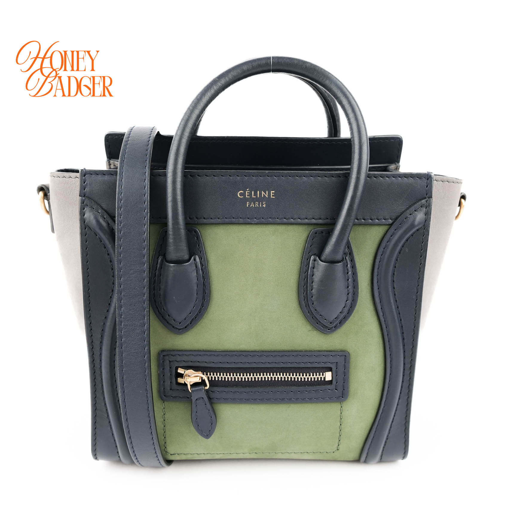 【中古】セリーヌ Celineラゲージ ナノショッパー スムースレザー×スエードクロス 2WAYハンドバック 緑であること×米国海軍×薄墨色