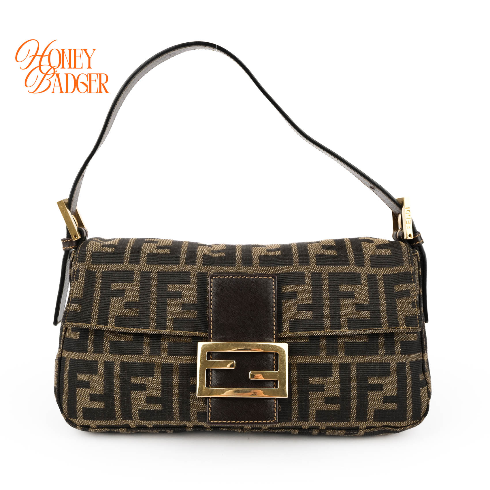 【中古】フェンディ Fendi ズッカ柄 帆布 バゲット ショルダーバッグ 赤銅色 ゴールド金具