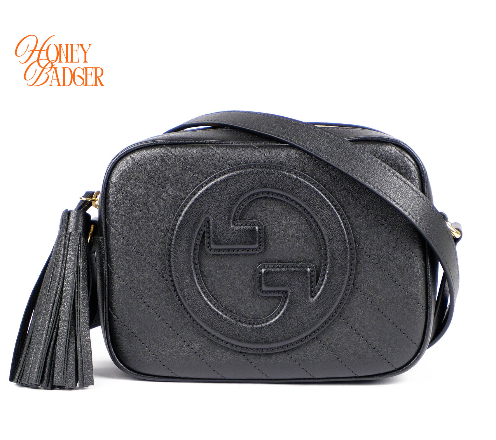【中古】【美品】GUCCI グッチ ブロンディ タッセル カメラバッグ ブラック | カーフレザー ショルダーバッグ 斜め掛け ラウンドロゴ クロスボディ 黒|ハニーバジャー ラックス