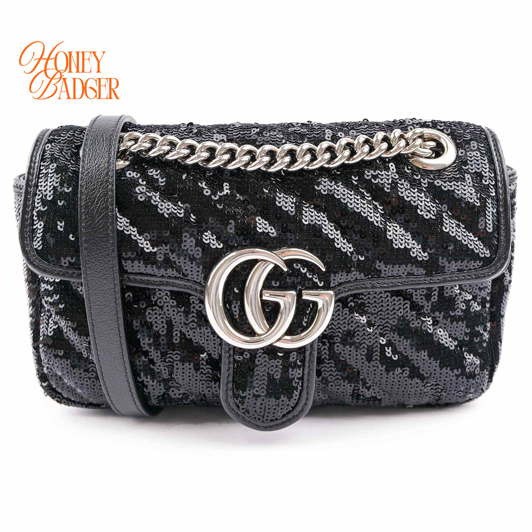 【中古】GUCCI グッチ GGマーモント 446744 スパンコールxなめし革 しろがね色金具 チェーン店ショルダーバッグ 2WAY 肩部 黒いこと