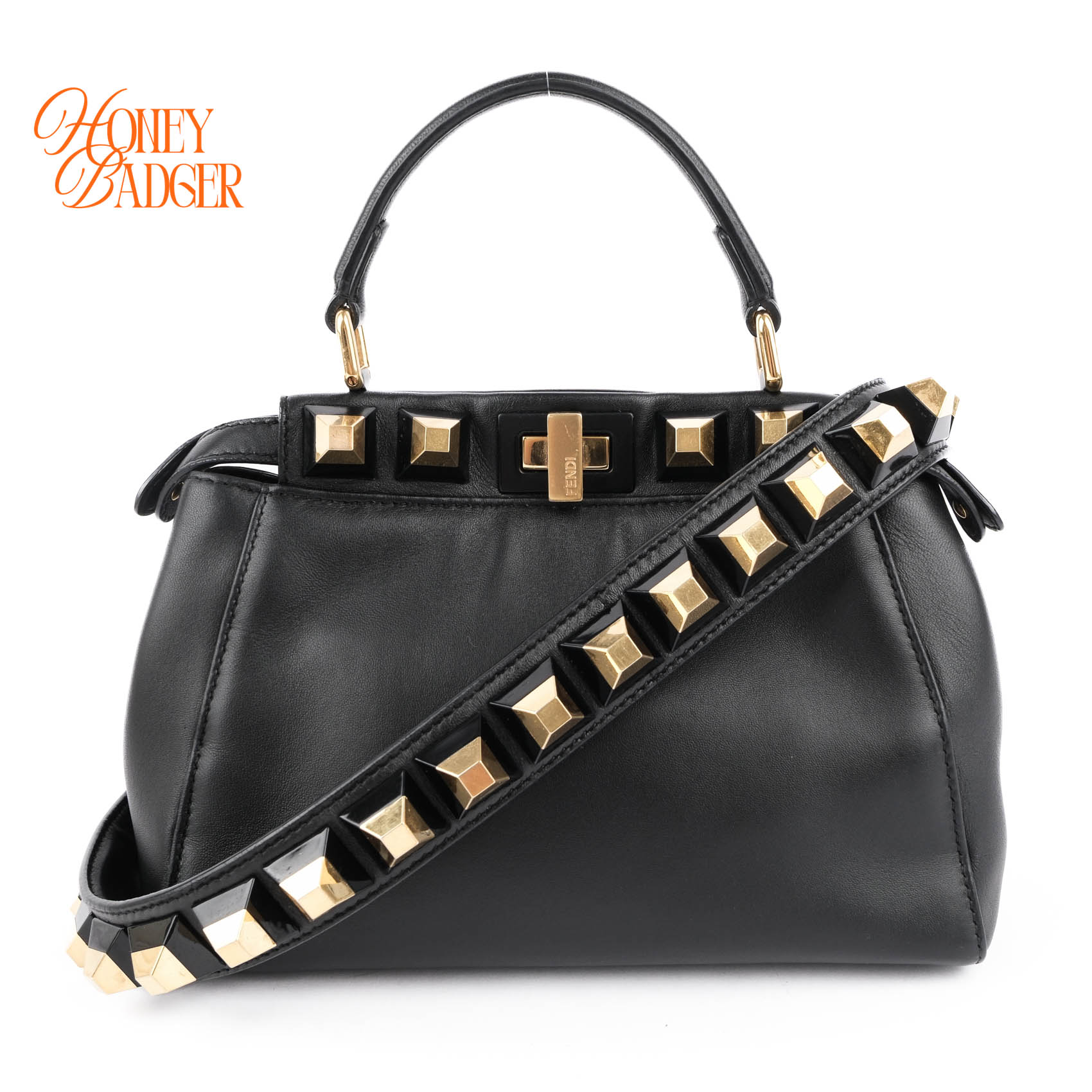 【中古】【極美品】フェンディ FENDI ピーカブー スタッズ レザー 2WAY ハンドバッグ ショルダーバッグ 斜め掛け 肩掛け ブラック 黒 ゴールド金具｜ハニーバジャー ラックス