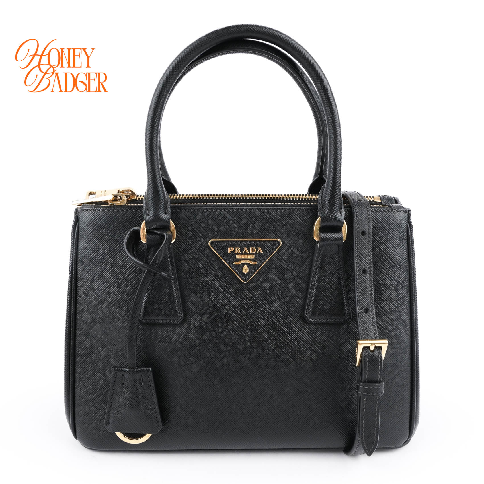 【中古】プラダ ガレリア スモール サフィアーノレザー 2WAY ハンドバッグ ショルダーバッグ ブラック 黒 ゴールド金具 1BA896 G3469 Aランク 極美品 トートバッグ クロスボディ 斜め掛け ポシェット レディース 本物保証 PRADA｜ハニーバジャー ラックス