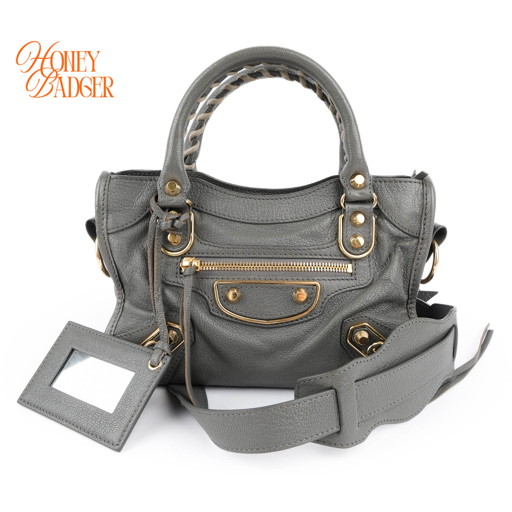 【中古】 BALENCIAGA バレンシアガ クラシック ミニ シティ レザー 羊革 ハンドバッグ グレー ゴールド 2way ショルダーバッグ レディース ハンドル編み込み ミラー付き 送料無料｜ハニーバジャー ラックス
