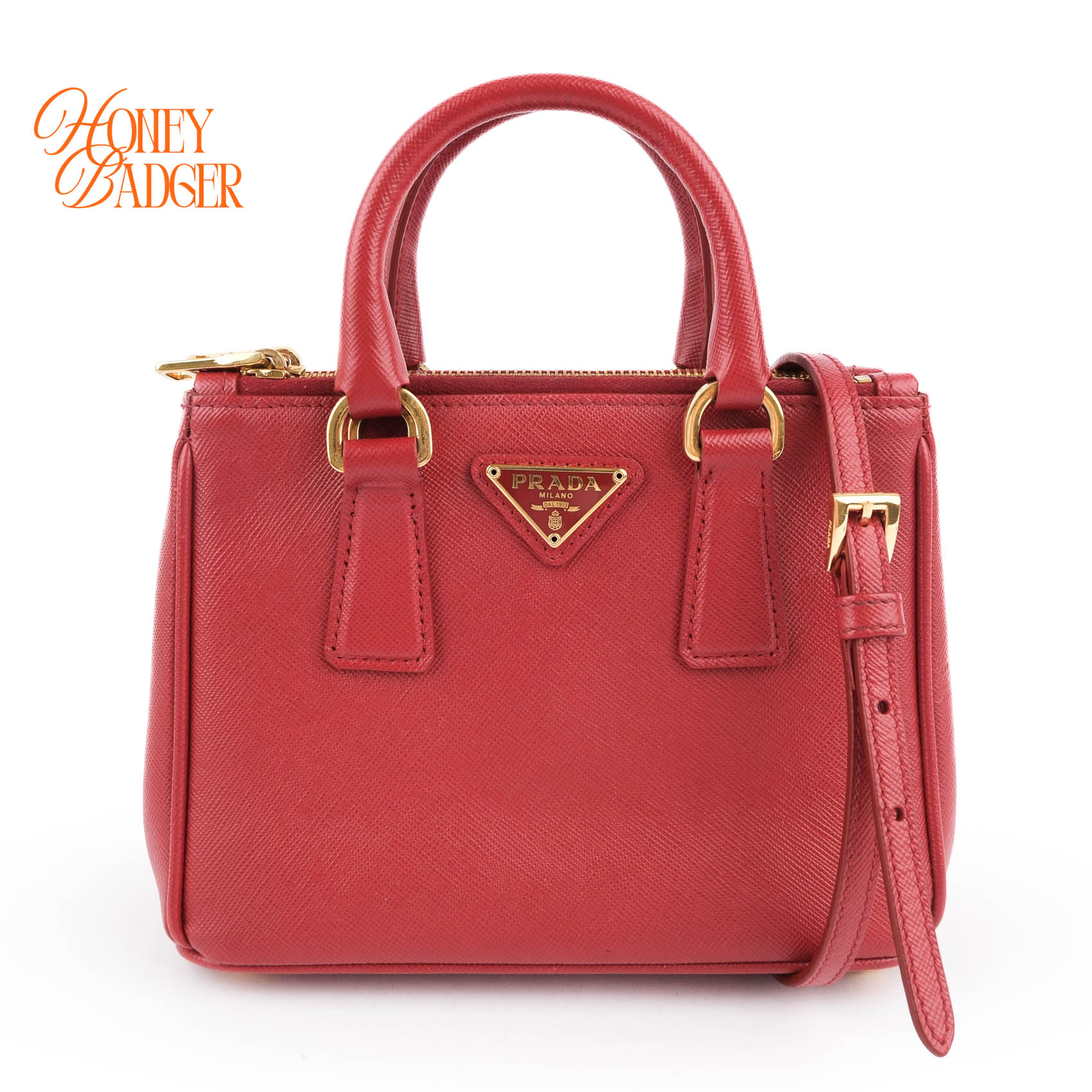 【中古】 【美品】 PRADA プラダ ガレリア ミニ サフィアーノ レザー ハンドバッグ レッド 赤 ゴールド 2way ショルダーバッグ クロシェット欠品 レディース 送料無料｜ハニーバジャー ラックス