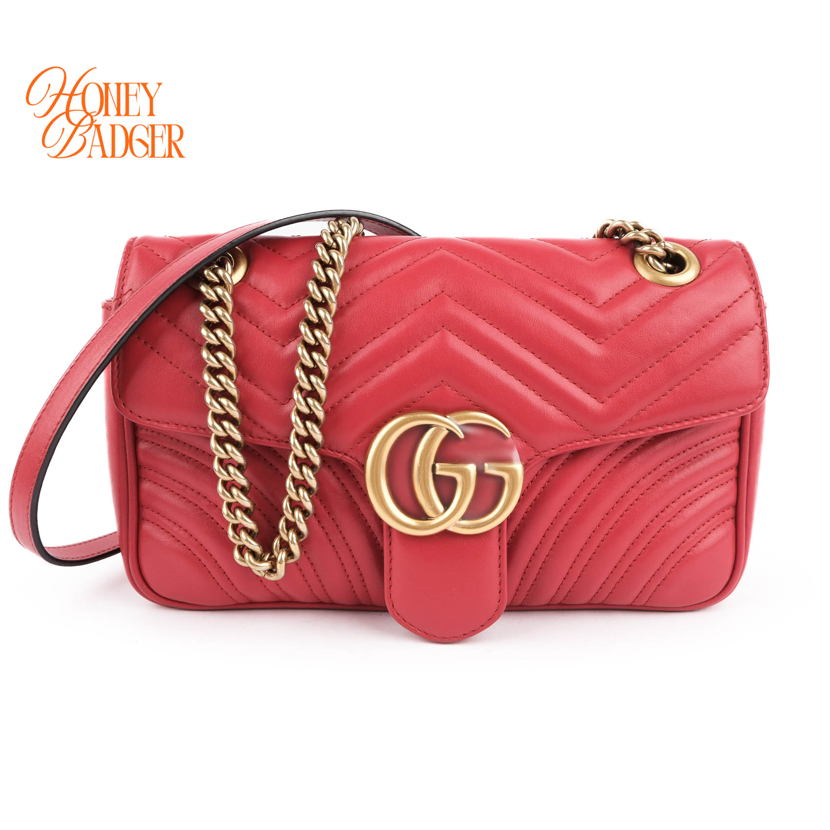 【中古】【美品】 GUCCI グッチ GGマーモント スモール ショルダーバッグ 2WAY チェーンバッグ レザー レッド 赤 ゴールド金具 箱 保存袋付き 送料無料｜ハニーバジャー ラックス