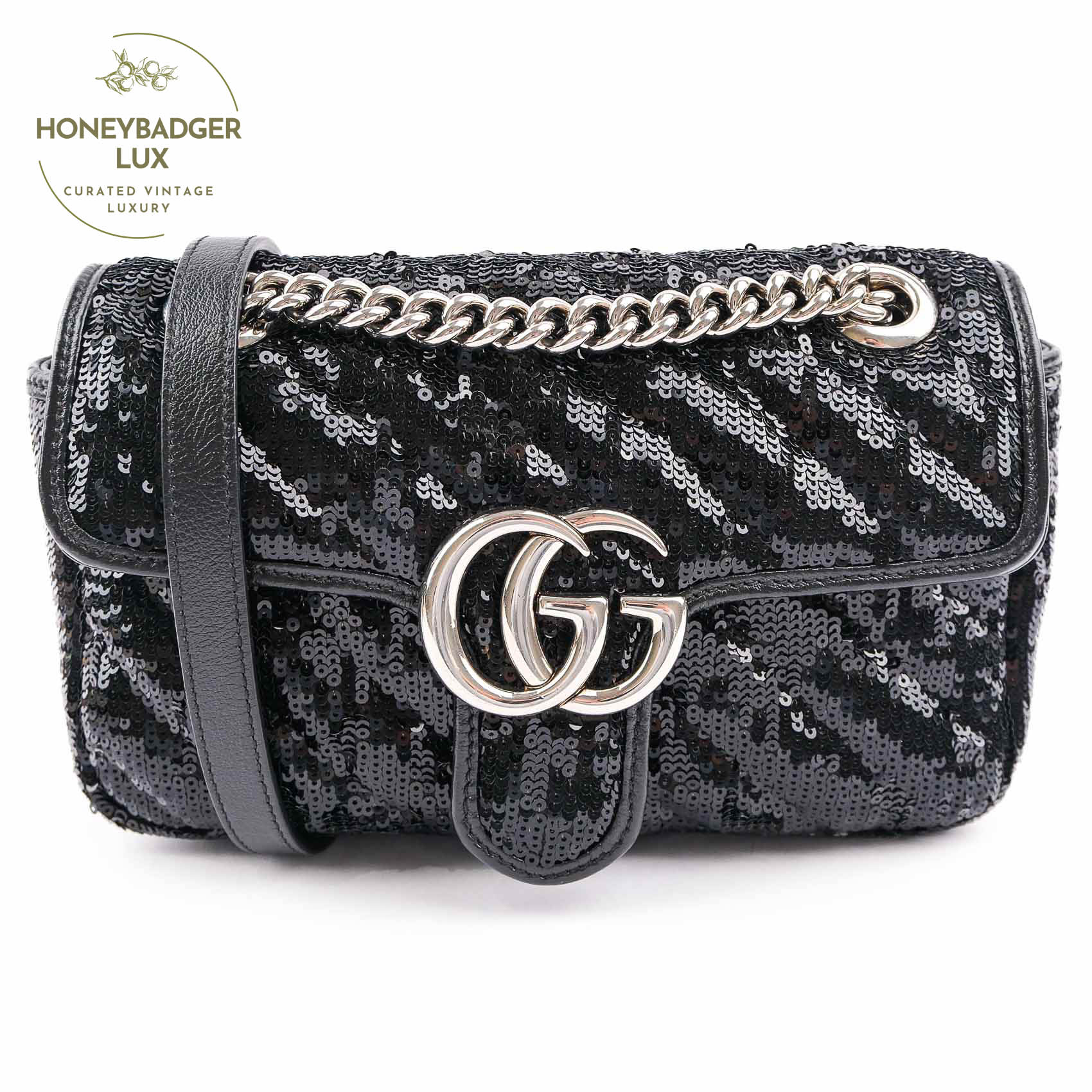 【中古】GUCCI グッチ GGマーモント 446744 スパンコールxレザー シルバー金具 チェーンショルダーバッグ 2WAY ショルダー ブラック