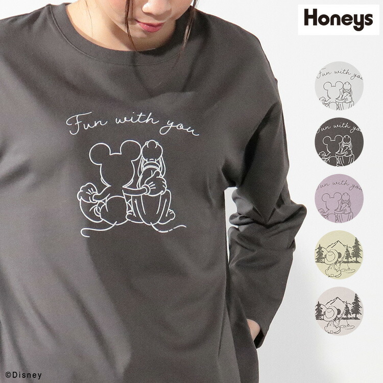 トップス ロンt Honeys Tシャツ おしゃれ ゆったり イラストプリント ディズニー ハニーズ レディース 冬 秋 長袖 ｔシャツ 日本製 Tシャツ