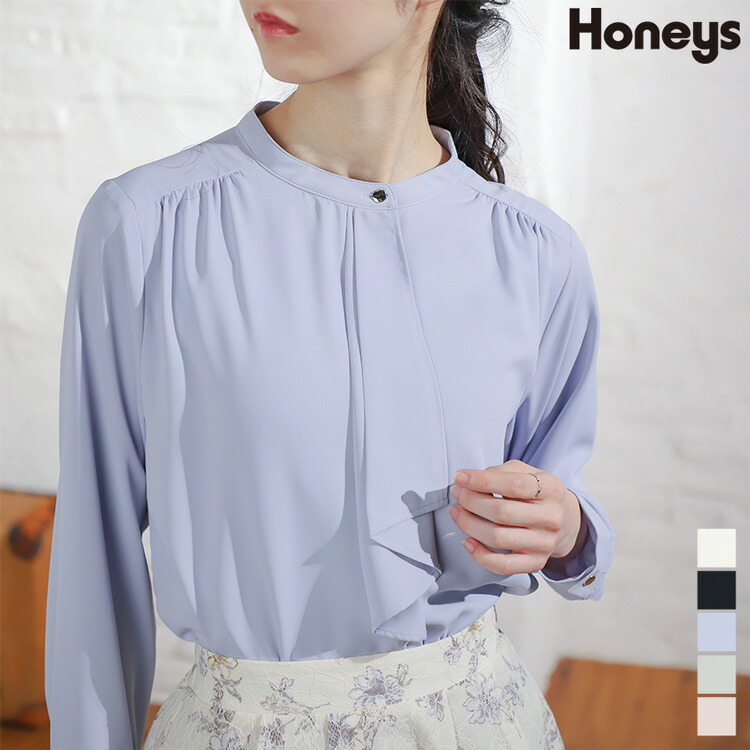トップス ブラウス 白 オフィス フォーマル 長袖 ボウタイ ボータイ リボン ツイル 通勤 フェミニン 無地 レディース 春 Honeys ハニーズ ボウタイブラウス 世界の