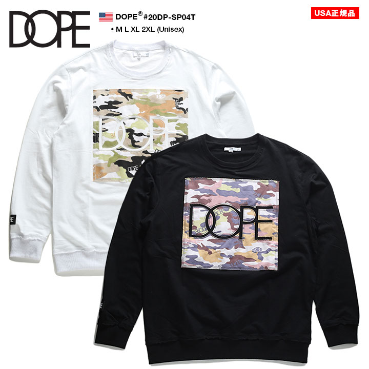 冬バーゲン 特別送料無料 スウェット トレーナー 3l 2xl Ll 2l Xl L M 黒 白 レディース メンズ 長袖 トレーナー スウェット Dope ドープ Xxl dp Sp04t シリコンワッペン 迷彩柄 パステルカラー Boxロゴ おしゃれ かっこいい 服 ブランド ファッション ストリート