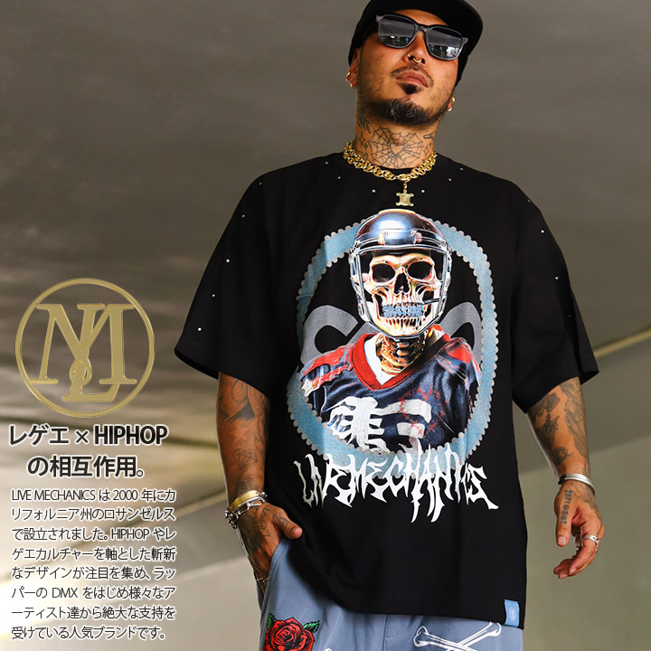 残り僅か【30%OFF】LIVE MECHANICS Tシャツ 半袖 メンズ レディース 黒 大きいサイズ ライブメカニクス おしゃれ 派手 アイスホッケー スカル ボーン 骨 ドクロ ビッグシルエット b系 ヒップホップ ファッション レゲエ ストリート系 服 2025春夏 新作 LMSUMT113