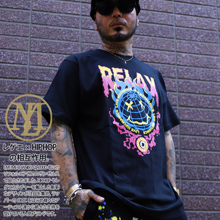 LIVE MECHANICS Tシャツ 半袖 メンズ 春夏用 黒 大きいサイズ ライブメカニクス シンプル 地球 カラフル ファイヤーパターン 世界地図 ロゴ グラフィック ビッグシルエット b系 ヒップホップ ファッション レゲエ ストリート系 ハイ ブランド 服 新作 LM-T101