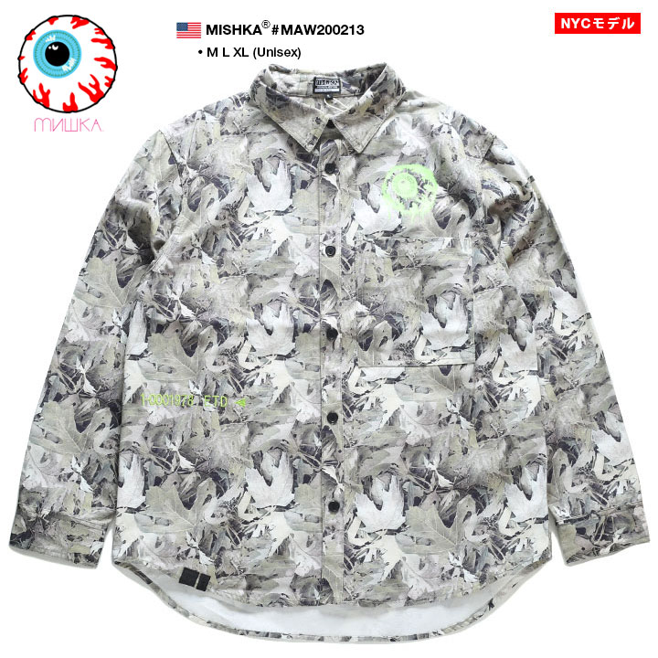 最安値 ミシカ Mishka 長袖シャツ メンズ カーキ M L Xl 2l Ll 大きいサイズ B系 ヒップホップ ストリート系 ファッション ブランド 服 かっこいい リーフ 総柄 Keepwatch キープウォッチ 目玉デザイン 人気キャラクター 刺繍 蛍光 ネオン Maw0213 無料長期保証