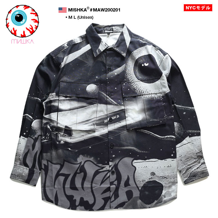 55 以上節約 ミシカ Mishka 長袖シャツ 総柄 メンズ 黒 M L 大きいサイズ B系 ヒップホップ ストリート系 ファッション ブランド 服 かっこいい 月面着陸 宇宙 ギャラクシー Keepwatch キープウォッチ 目玉デザイン 人気 蛍光 ネオン ビッグシルエット Maw01