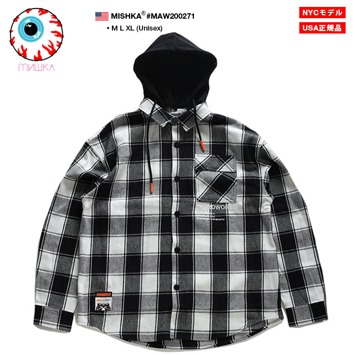 コンビニ受取対応商品 ミシカ Mishka 長袖シャツ フード付き ネルシャツ メンズ レディース 春秋冬用 白黒 Mサイズ B系 ヒップホップ ストリート系 ファッション ブランド かっこいい おしゃれ チェック柄 Death Adder 熊 人気キャラクター ネオン ビッグシルエット