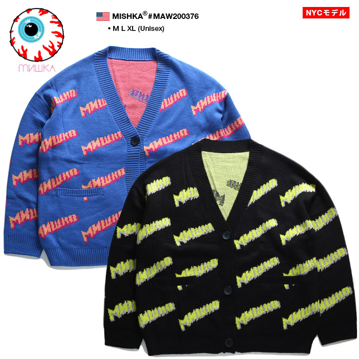 お歳暮 Mishka ニット 長袖 メンズ レディース 春秋冬用 黒 Mサイズ ミシカ カーディガン セーター ニット かっこいい おしゃれ ビッグシルエット 蛍光 英字ロゴ ギフト B系 ヒップホップ ストリート系 ファッション ブランド 服 Maw0376 セール 期間限定送料無料