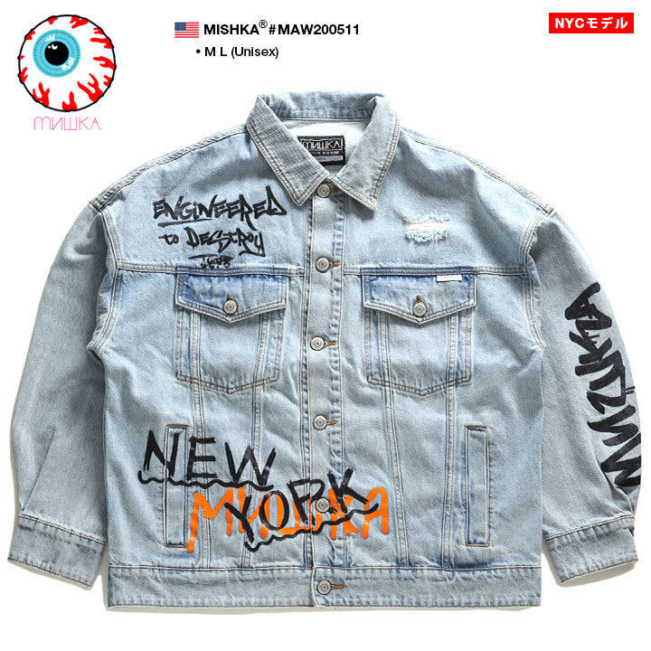 第1位獲得 ミシカ Mishka デニムジャケット アウター 長袖 デニムjkt Gジャン ジージャン メンズ レディース 男女兼用 春秋冬用 インディゴライトブルー M L 大きいサイズ B系 ヒップホップ ストリート系 ファッション ブランド 服 かっこいい ベアモップ ギフト