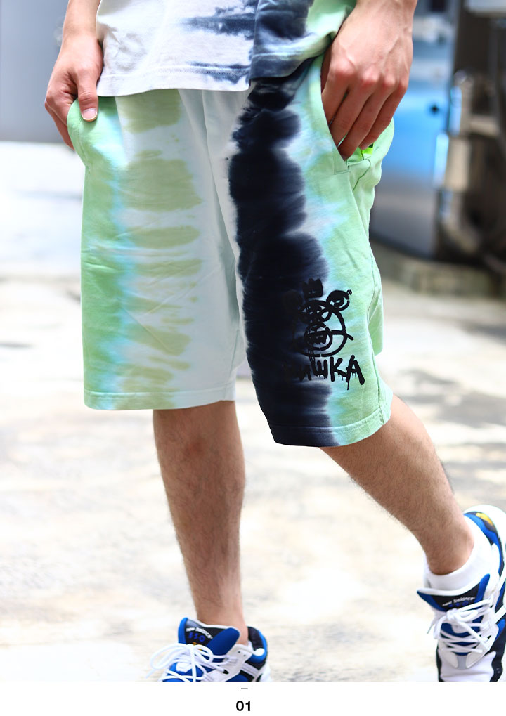 Mishka ハーフパンツ メンズ レディース 春夏用 緑 大きいサイズ ミシカ スウェット 裏パイル ショートパンツ 短パン 半ズボン ゆったり パンツ おしゃれ かっこいい 熊 タイダイ グラデーション B系 ヒップホップ ファッション ストリート系 ブランド 21夏 新作