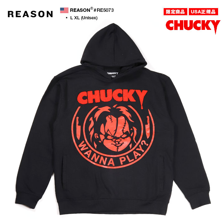 REASON × Chucky パーカー ブランド フーディ 長袖 スウェット メンズ 春秋冬用 黒 大きいサイズ チャッキー Childs Play チャイルド・プレイ 限定 コラボ 公式 リーズン トップス ビッグシルエット b系 ヒップホップ ファッション ストリート系 服 2026春夏 新作 RE5073