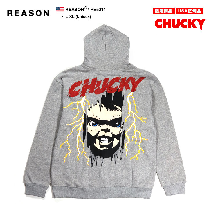 REASON &times; Chucky パーカー ブランド フーディ 長袖 スウェット ZIPUP メンズ グレー 大きいサイズ チャッキー Childs Play チャイルド・プレイ 限定 コラボ 公式 リーズン トップス ビッグシルエット b系 ヒップホップ ファッション ストリート系 服 2026春夏 新作 RE5011｜本格派大人のB系 XL 零 ZERO