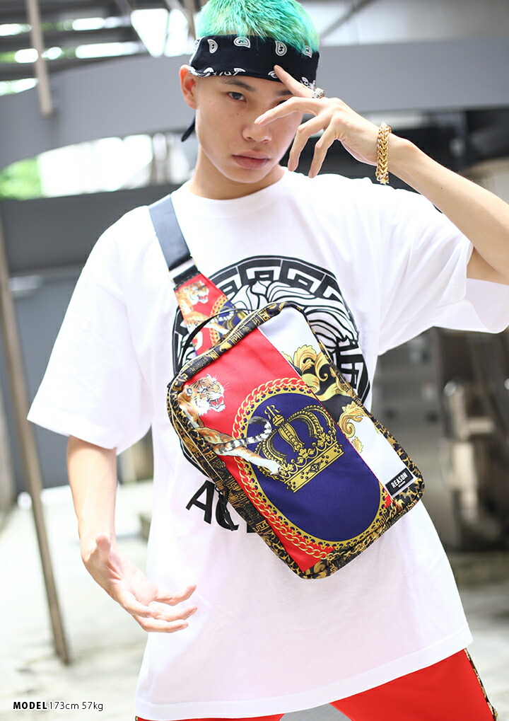 値下げ中 のbag 海外セレクト Reason ファッション 黒 リーズン B系 ボディバッグ セレブ 男女兼用 ヒップホップ ストリート系 ファッション ワンショルダー レディース メンズ ブランド かっこいい おしゃれ バロック彫刻 ヒョウ柄 レオパード チェーン 虎 トラ 総柄