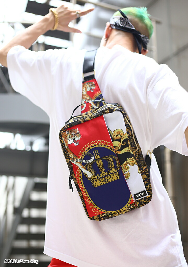 値下げ中 のbag 海外セレクト Reason ファッション 黒 リーズン B系 ボディバッグ セレブ 男女兼用 ヒップホップ ストリート系 ファッション ワンショルダー レディース メンズ ブランド かっこいい おしゃれ バロック彫刻 ヒョウ柄 レオパード チェーン 虎 トラ 総柄