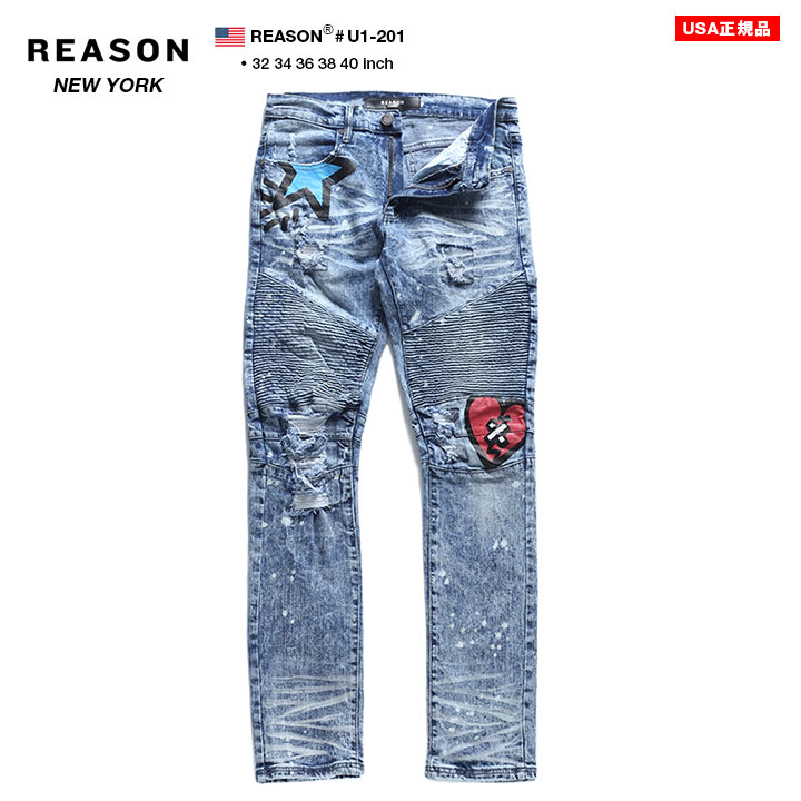 高評価の贈り物 おしゃれ かっこいい 服 ブランド ファッション ストリート系 ヒップホップ B系 インディゴライトブルー メンズ 長ズボン ワーク Gパン ジーパン スリム ロングパンツ デニム ジーンズ Reason リーズン ポップアート U1 1 ペイント 星 ハート ライン