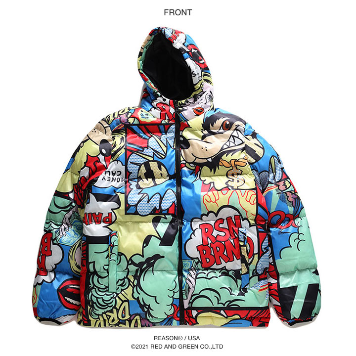 Reason アウター 秋 長袖 中綿 パーカー ジャケット ブルゾン メンズ 春秋冬用 青 大きいサイズ リーズン パデッドジャケット 防寒着 ヘヴィーアウター おしゃれ かっこいい 派手 総柄 ドル柄 B系 ヒップホップ ファッション ストリート系 ハイ ブランド 服 21秋冬 W122
