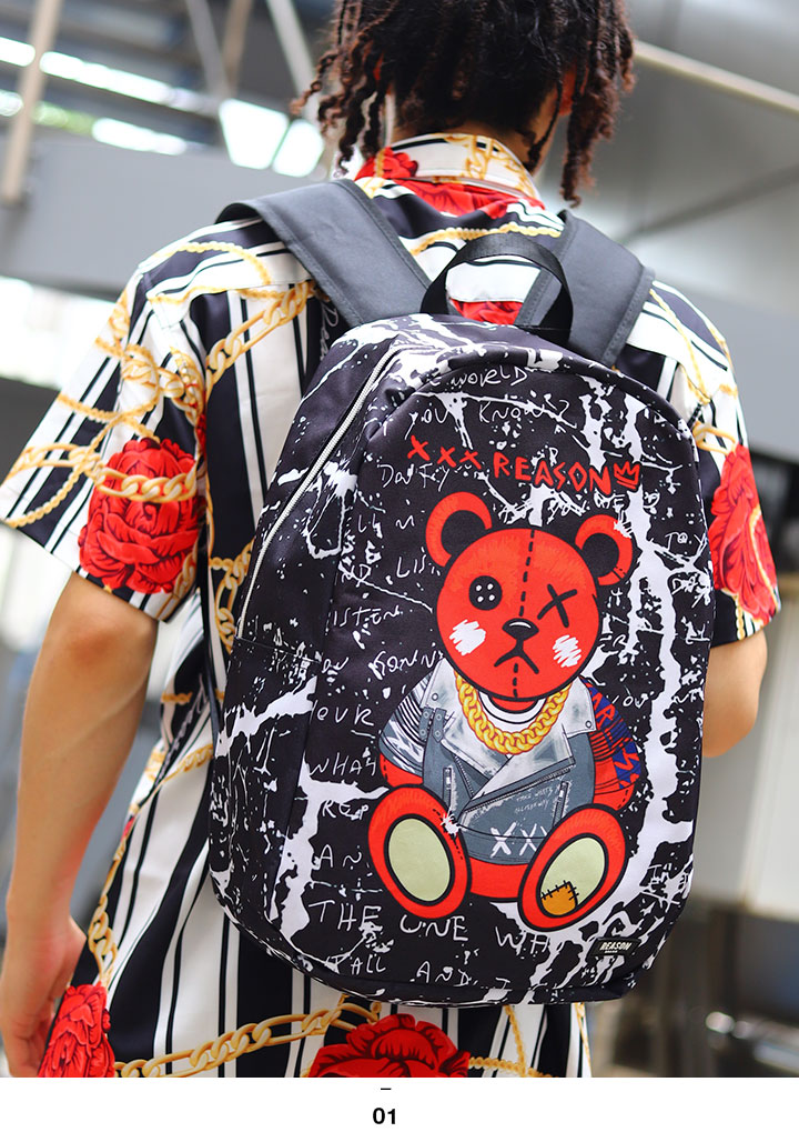 19リットル Reason バッグ メンズ ハイ 男女兼用バッグ レディース 春夏秋冬用 黒 バッグ 大きいサイズ リーズン リュック リュックサック バックパック 大きめ 大容量 Bag おしゃれ かっこいい 熊 ベアー ロゴ ウォールアート B系 ヒップホップ ファッション ストリート