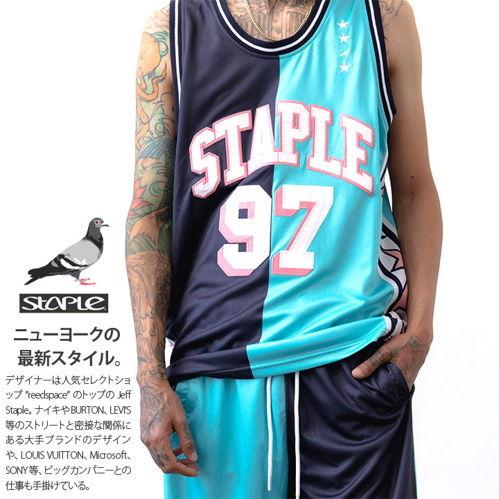 Staple ノースリーブ メンズ レディース 春夏用 紺 ステイプル バスケットシャツ バスケシャツ タンクトップ おしゃれ かっこいい アシンメトリー 切り替え バイカラー 背番号 ワッペン B系 ヒップホップ ファッション ストリート系 ハイ ブランド 服 セール 2104c6497