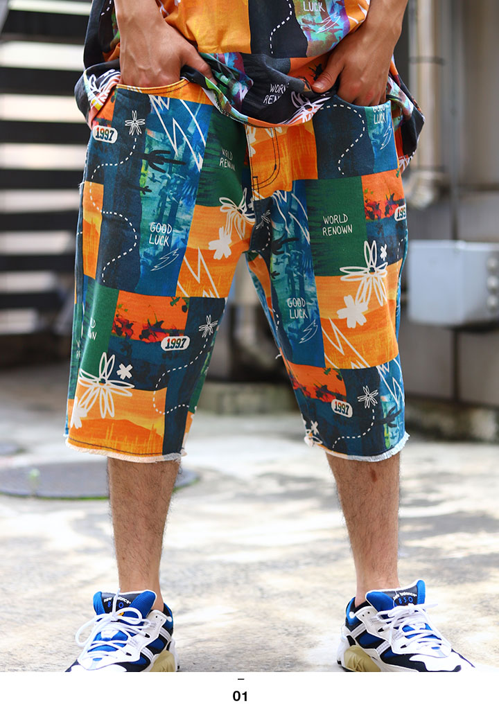 Staple ハーフパンツ メンズ 春夏用 オレンジ 大きいサイズ ステイプル 柄パンツ ジーパン Gパン デニムパンツ ゆったり 太め パンツ バギー パンツ 極太 おしゃれ かっこいい 総柄 派手 花柄 B系 ヒップホップ ファッション ストリート系 ブランド 21夏 新作 2104c6507