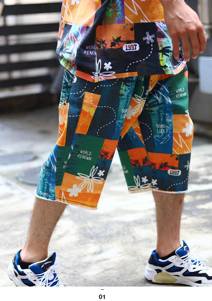 Staple ハーフパンツ メンズ 春夏用 オレンジ 大きいサイズ ステイプル 柄パンツ ジーパン Gパン デニムパンツ ゆったり 太め パンツ バギー パンツ 極太 おしゃれ かっこいい 総柄 派手 花柄 B系 ヒップホップ ファッション ストリート系 ブランド 21夏 新作 2104c6507